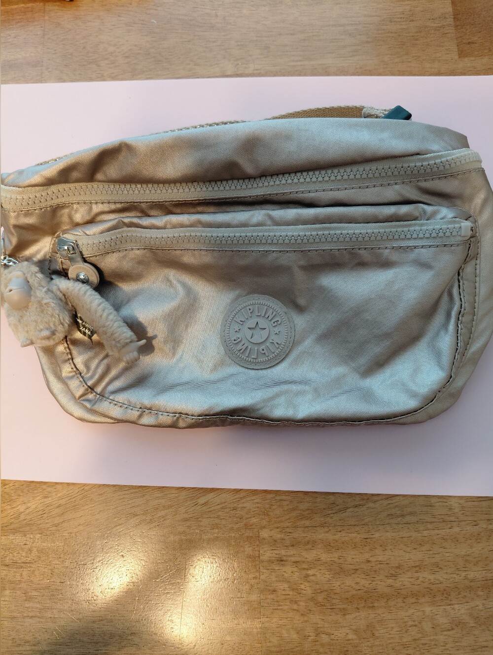 Kipling Beige Metallic Waist Bag with Monkey Charm